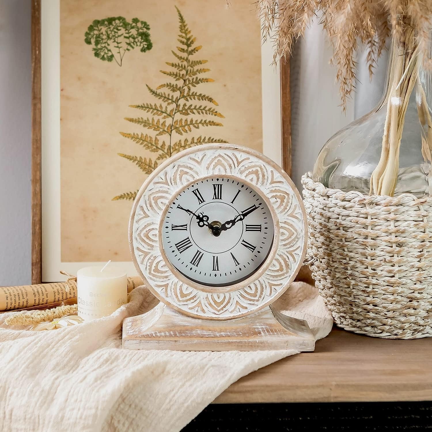 Hand‑Carved Distressed White Boho Clock
