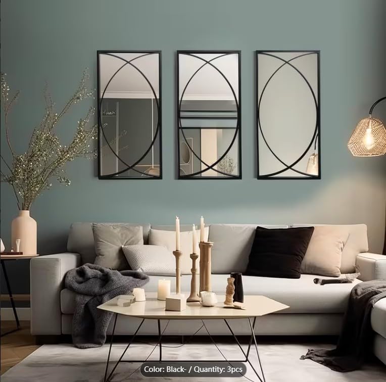 3‑Pack Black Metal Wall Mirrors Set