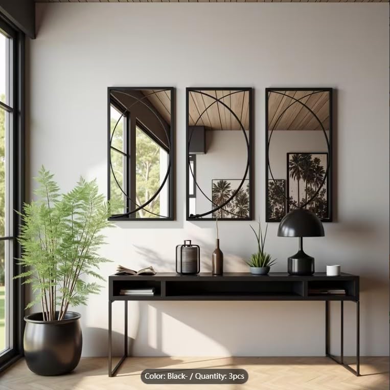 3‑Pack Black Metal Wall Mirrors Set