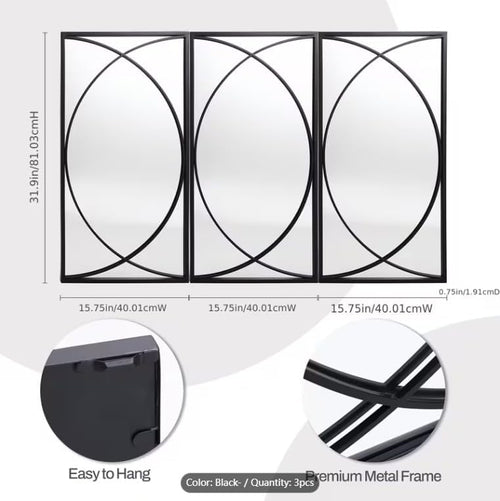 3‑Pack Black Metal Wall Mirrors Set