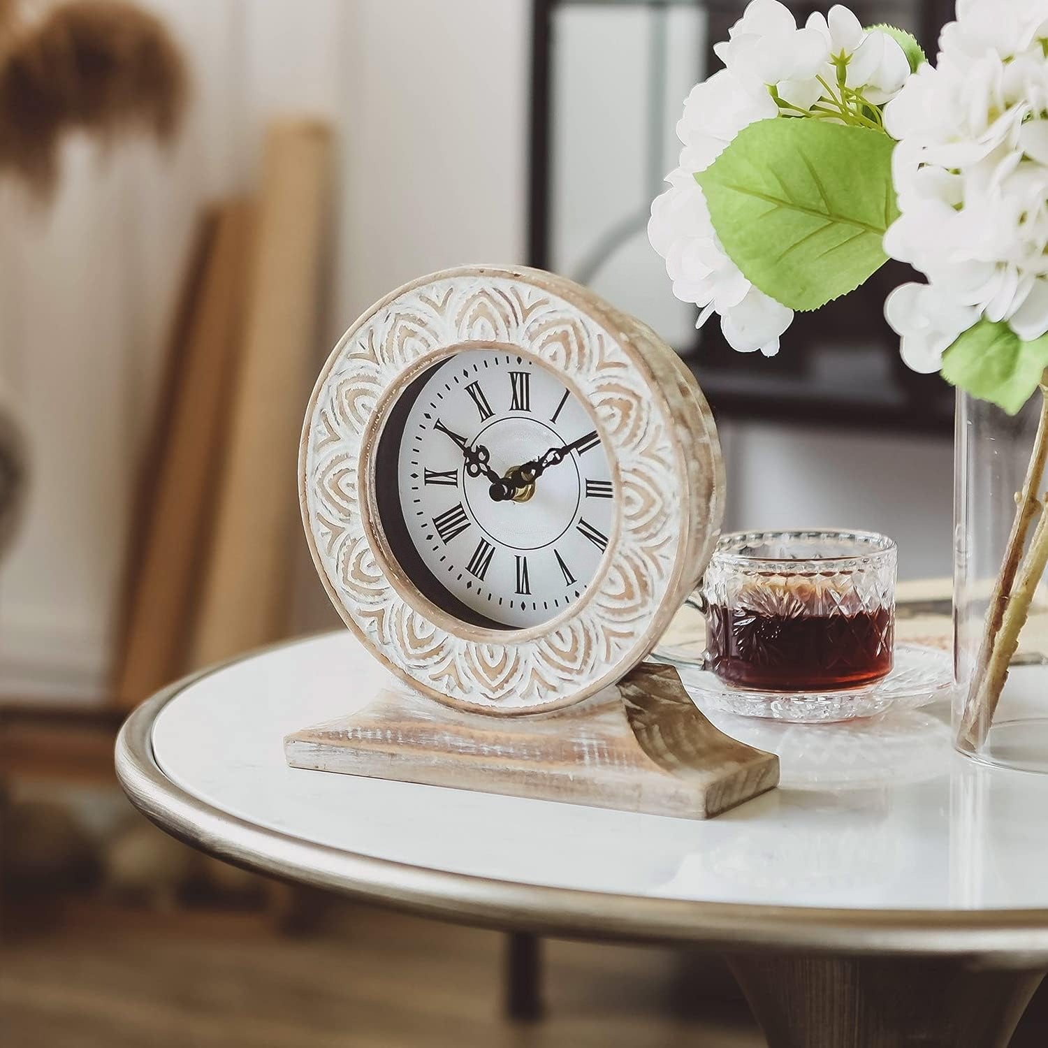 Hand‑Carved Distressed White Boho Clock